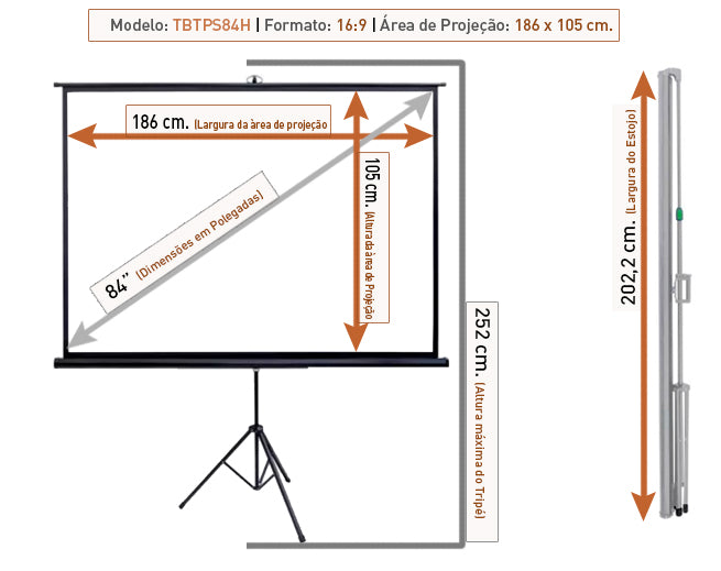 Tela de Projeção Tripé Tbtps84h (186 x 105 cm)
